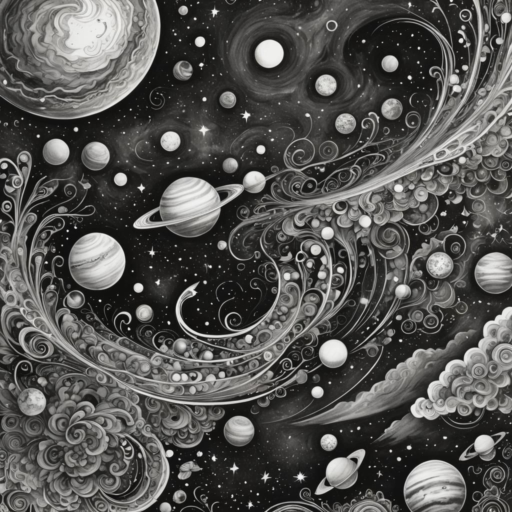 Cosmic Cornucopia: Swirling Charcoal Doodle Art