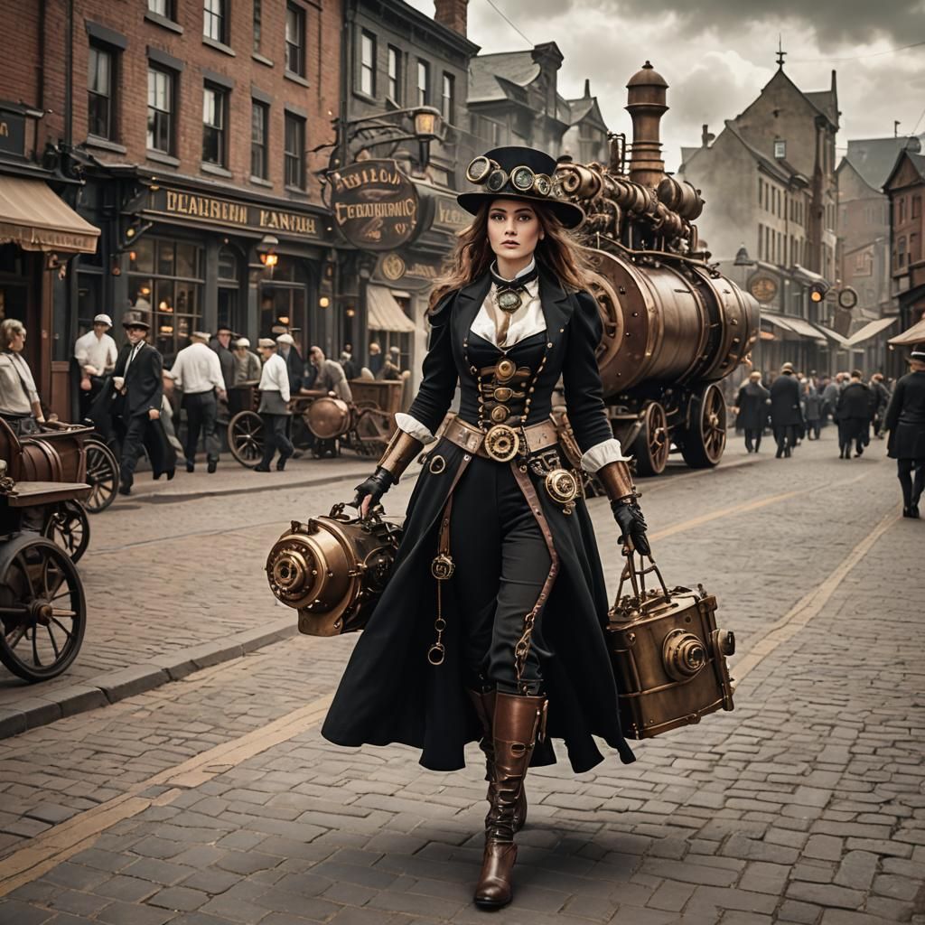 Steampunk Woman Strolling Through Town
