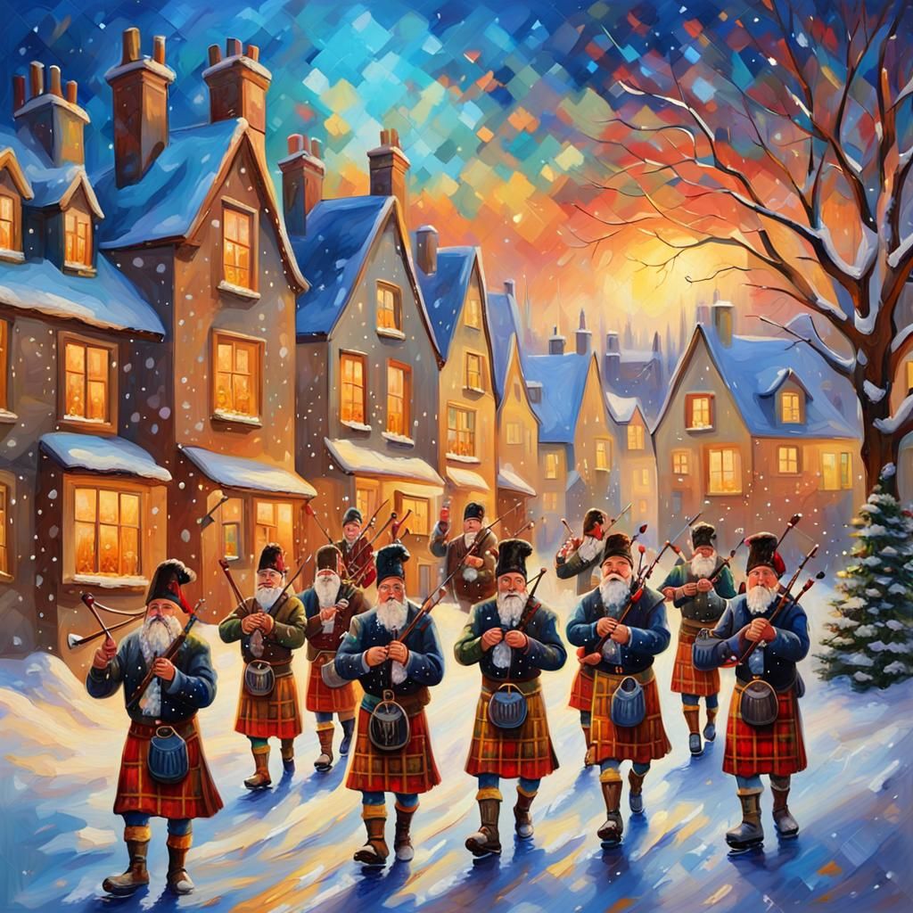 11 Pipers Piping in a Snowy Winter Wonderland Oil Painting
