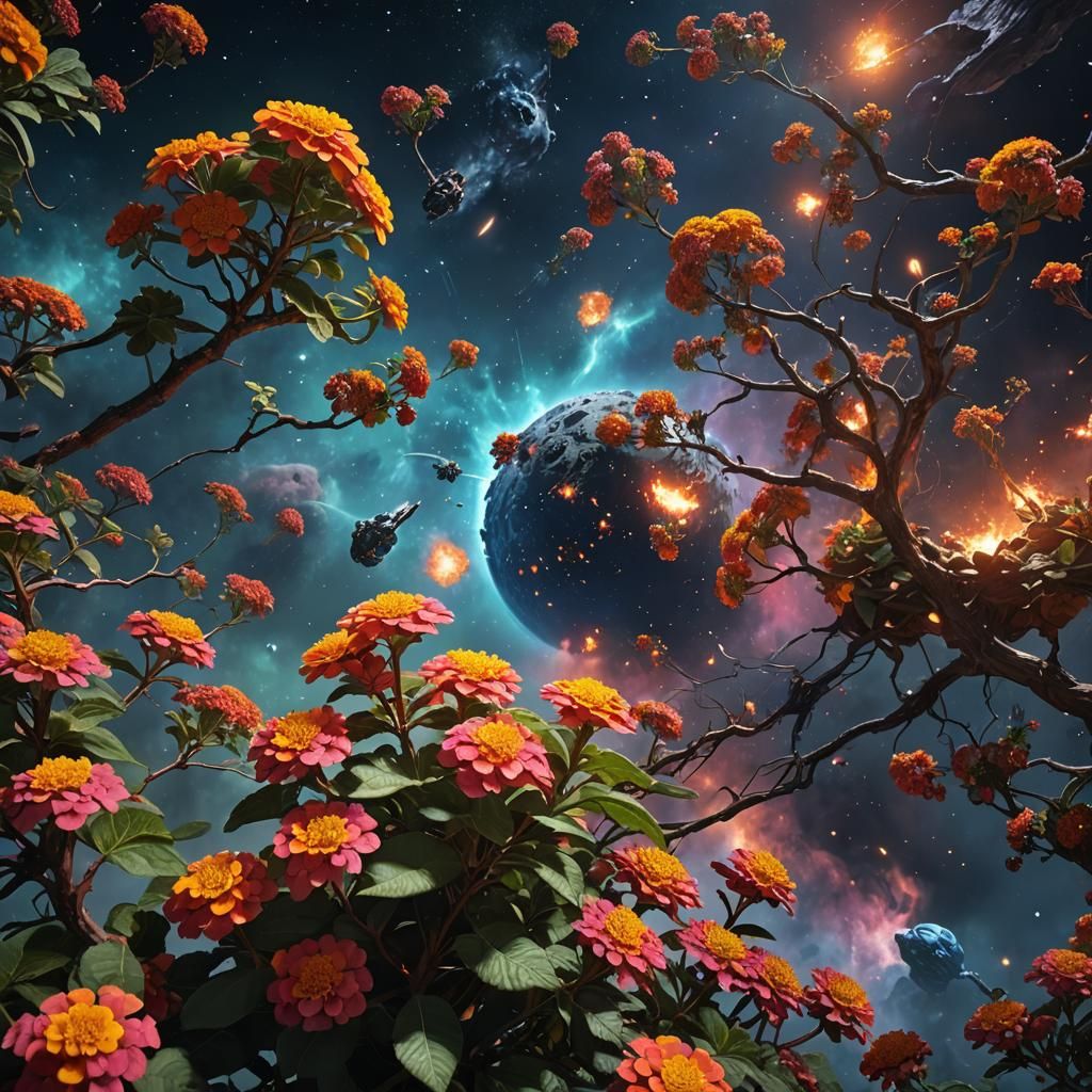 Burning Lantana Flower in Deep Space Art