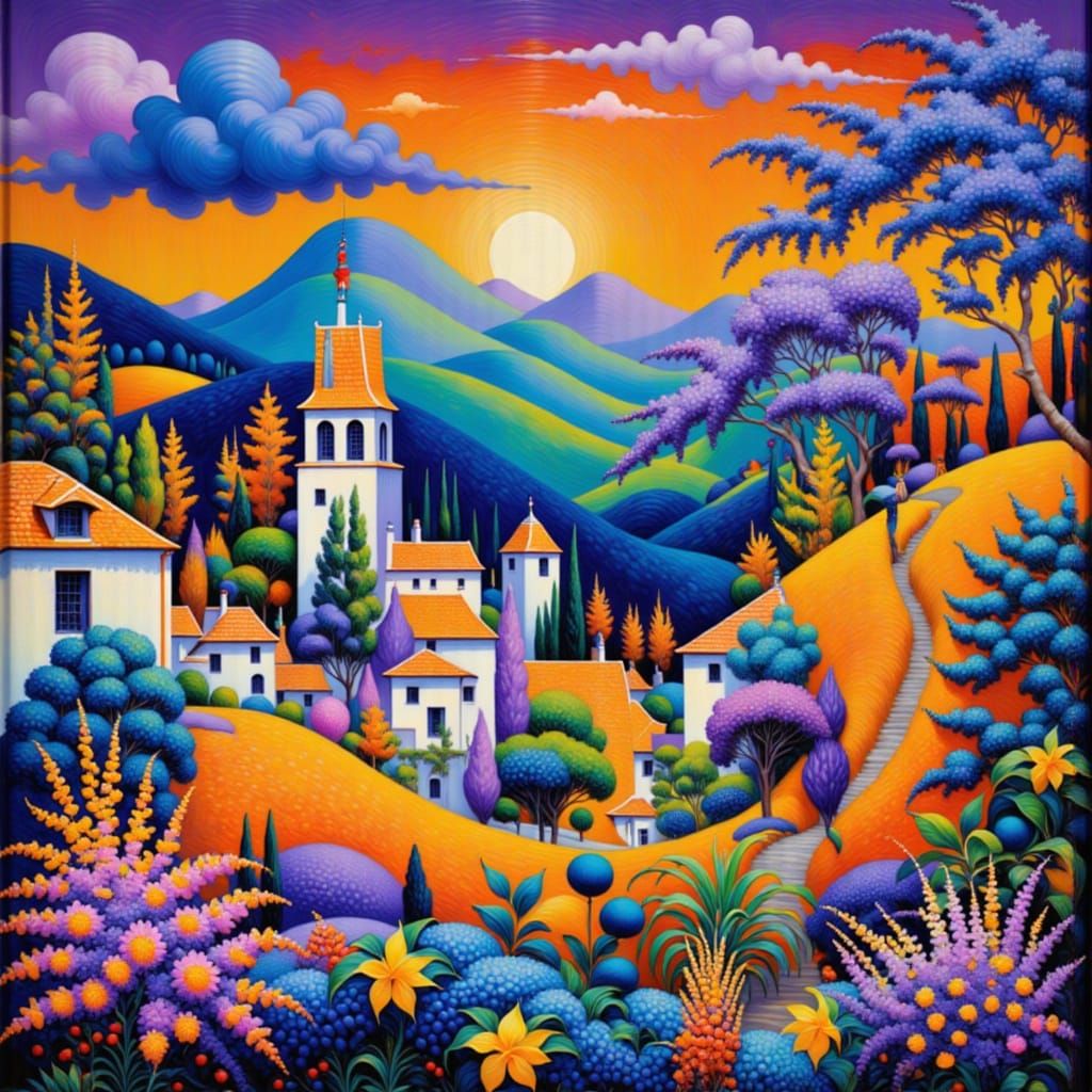 Cityscape in Art Nouveau and Folk Art Styles