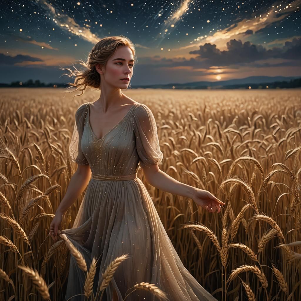 Woman in Wheat Field Under Starry Impressionist Sky