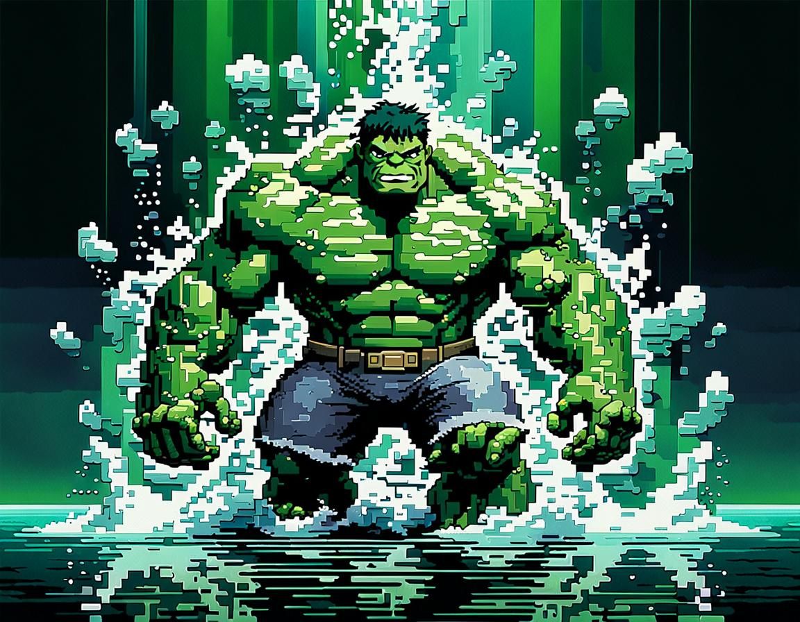 Hulk Fishing in Stream: Pixel Art