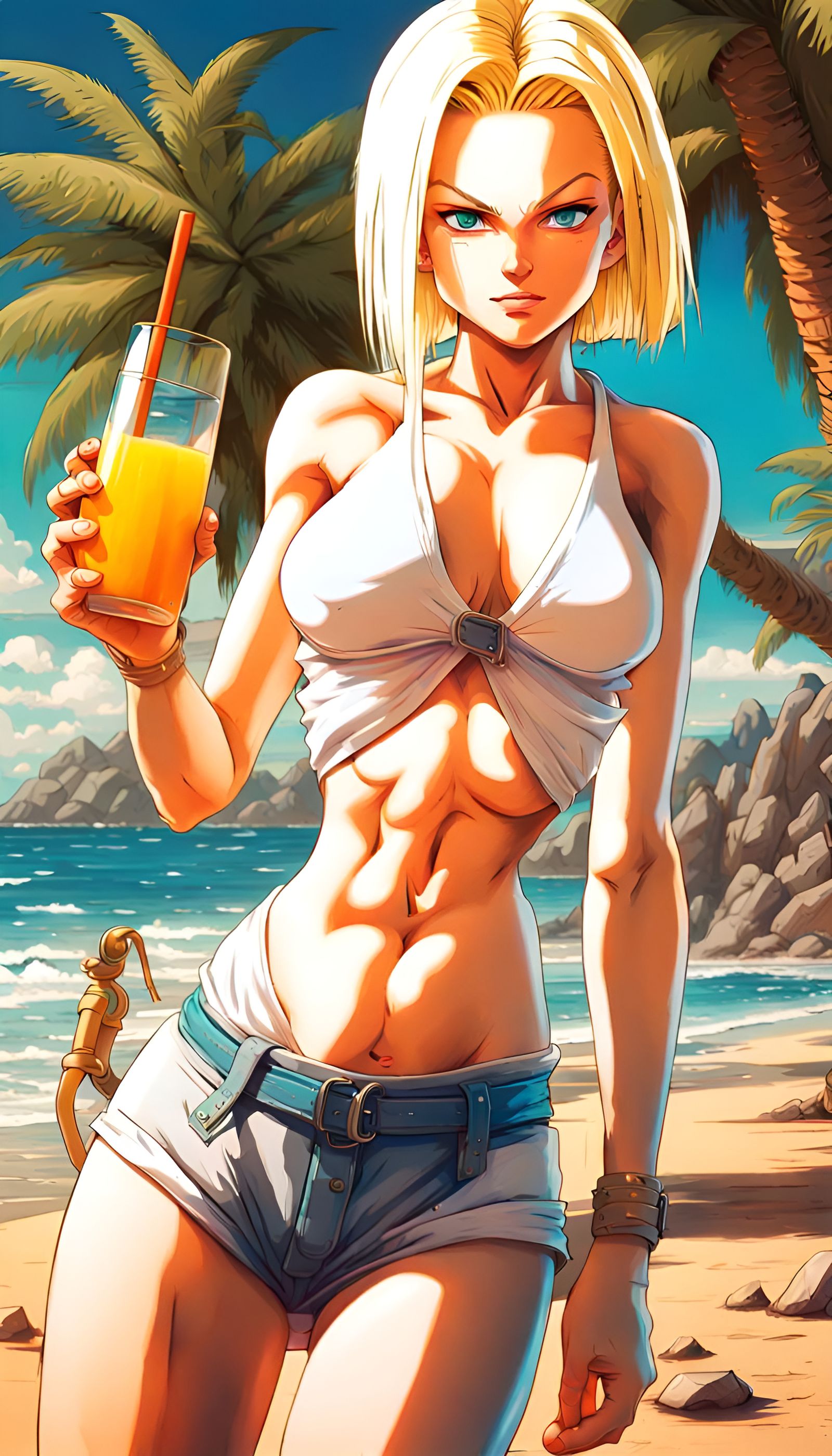 Android 18 on the Beach: Hyperrealistic Splash Art