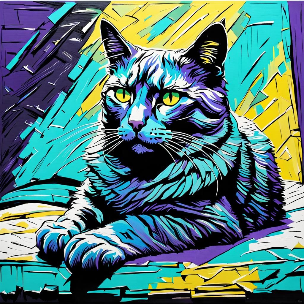 Depressed Cat: Impasto Painting in Blacklight Palette