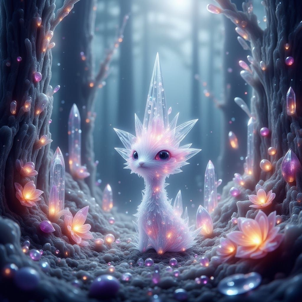 Luminous Crystalline Creature in Surreal Crystal Forest