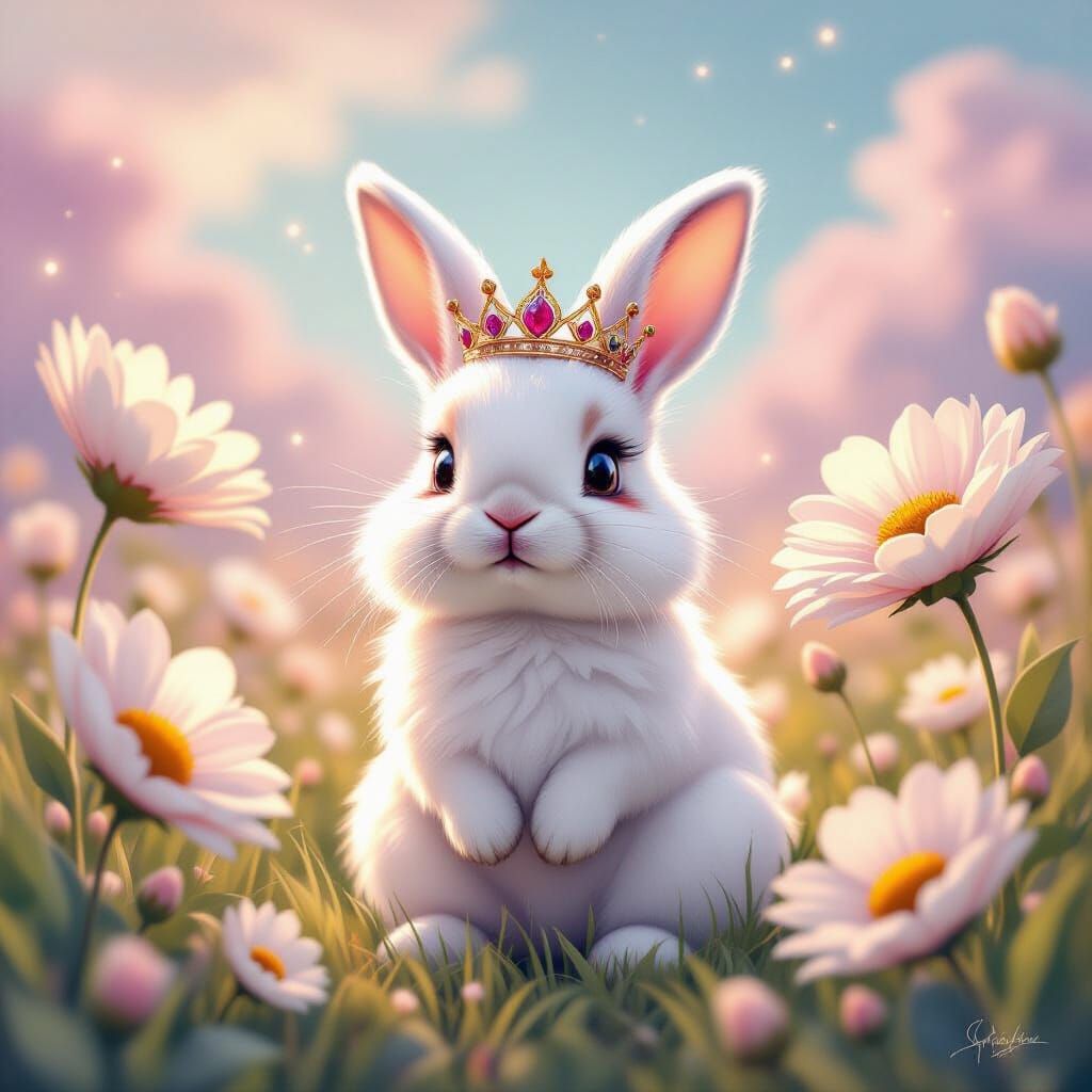 Regal Rabbit in Luminous Wildflowers and Cosmic Nebula