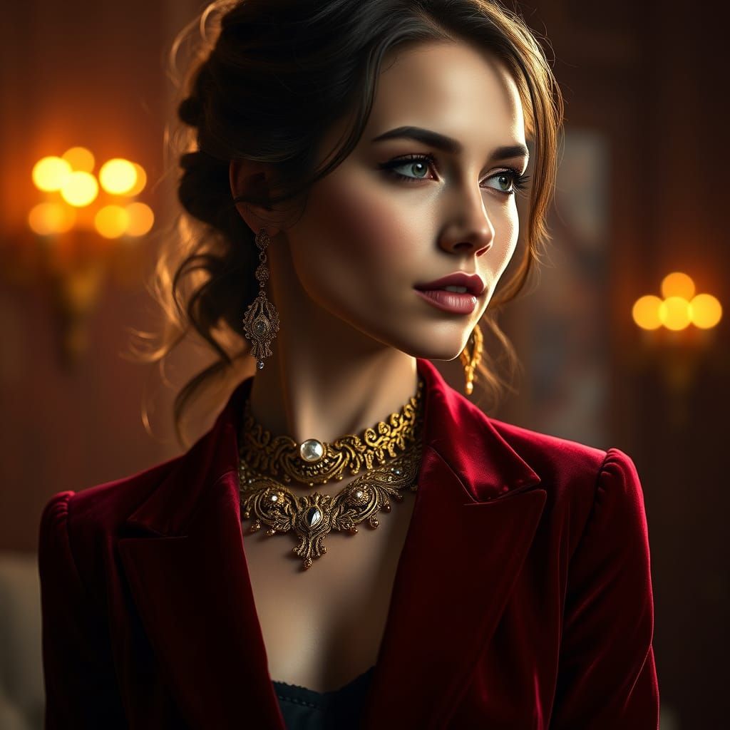 Woman in Elegant Victorian-Inspired Attire with Intricate Je...