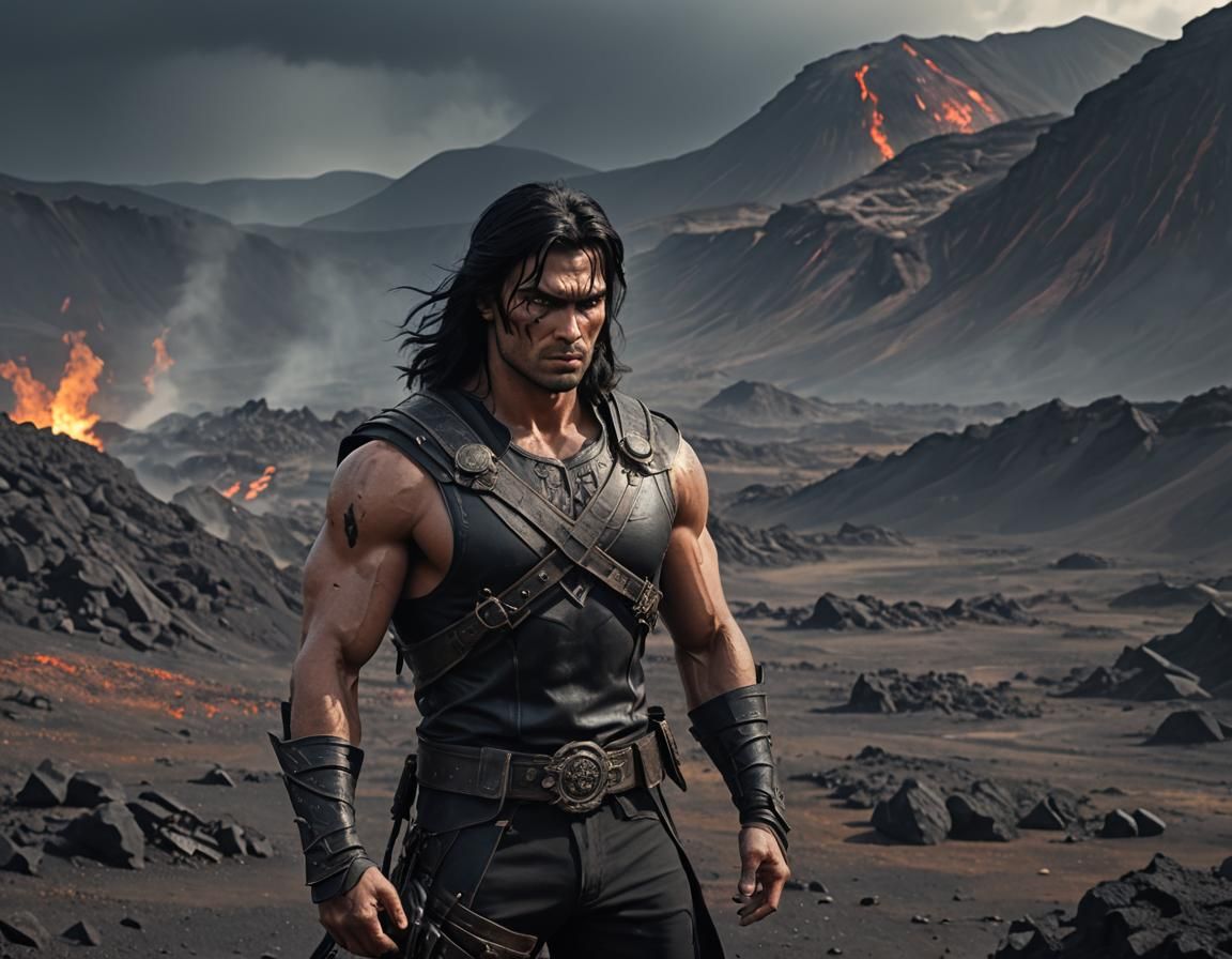 Dark Fantasy Hunter in Volcanic Landscape: Anime Art