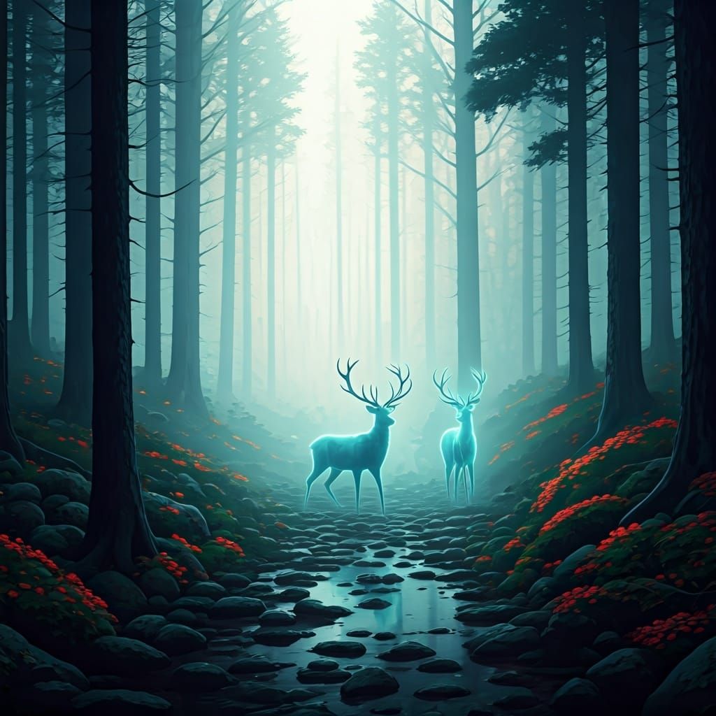 Ghostly Deer Guiding Travelers in Enchanted Forest