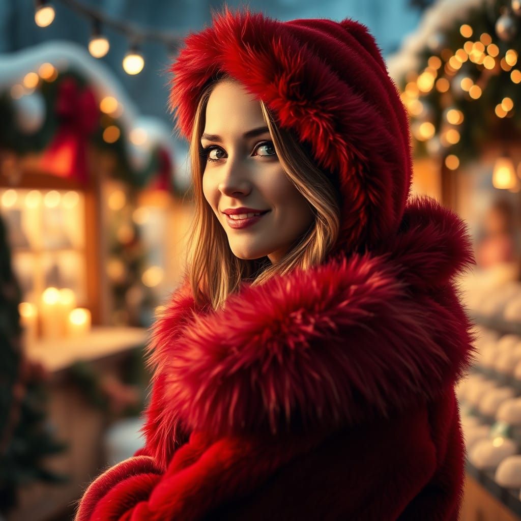 Vibrant Woman in Red Fur Coat, Surrounded by Christmas Magic