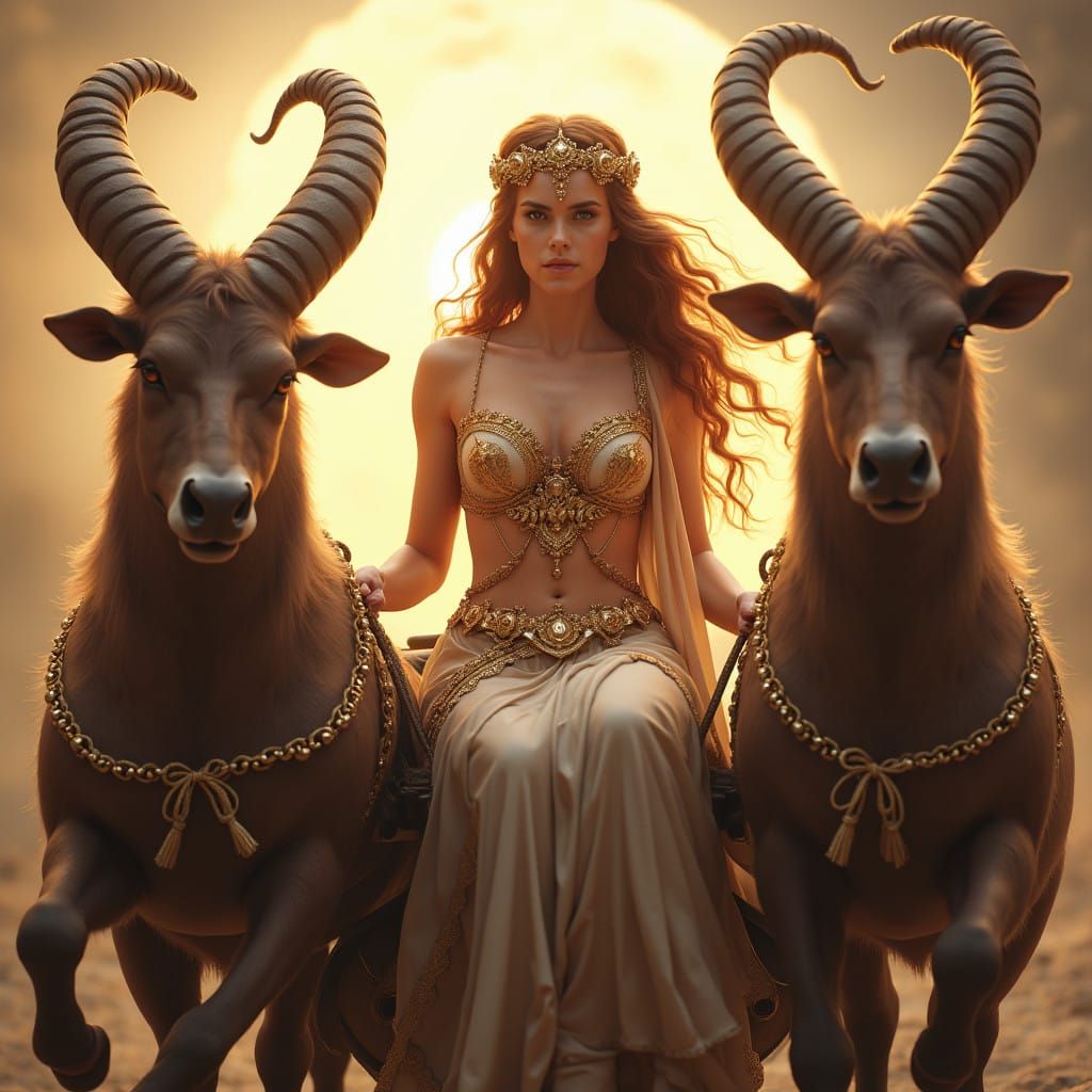 Divine Goddess Queen in Celestial Chariot with Minotaur Hors...