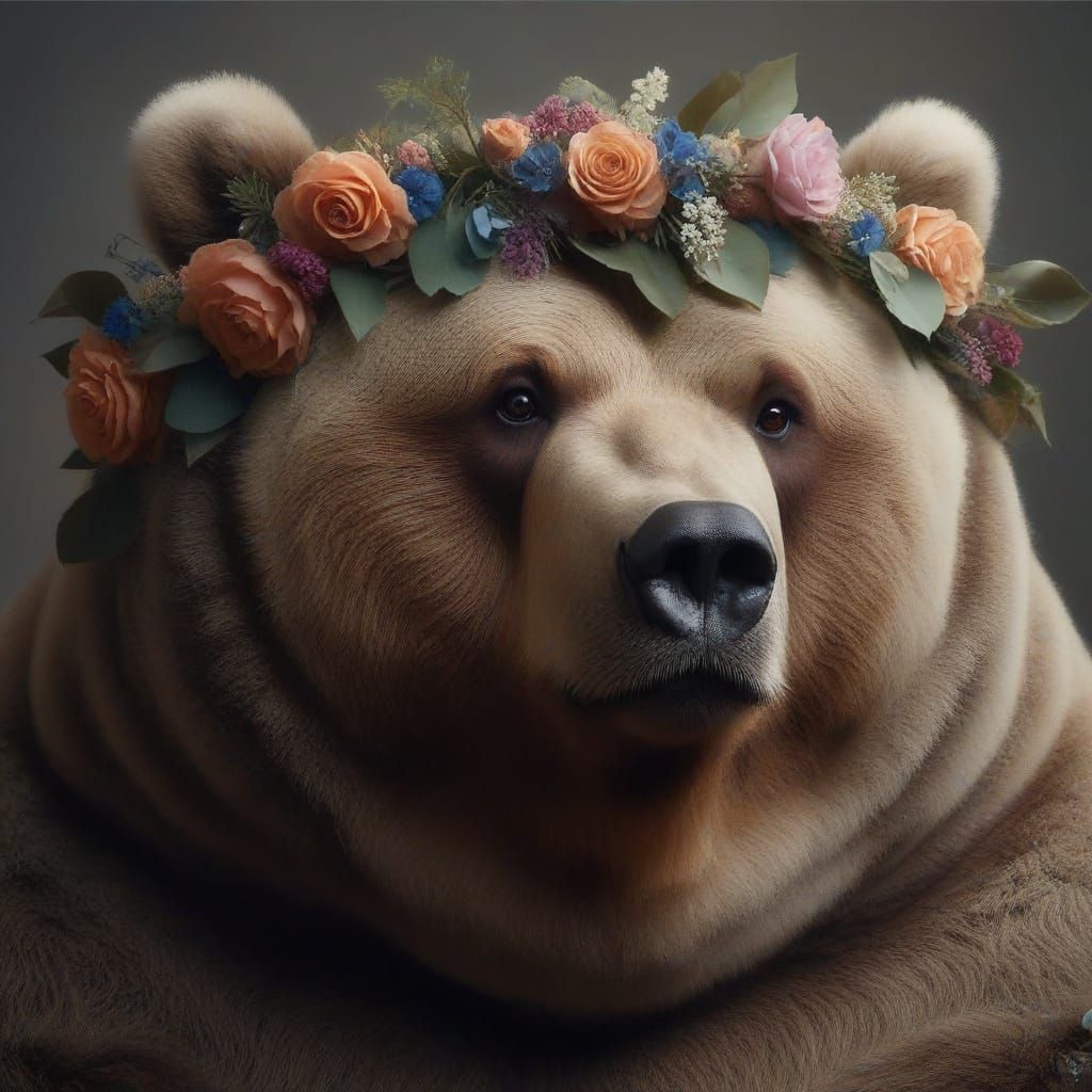 Kodiak Bear Portrait with Floral Wreath