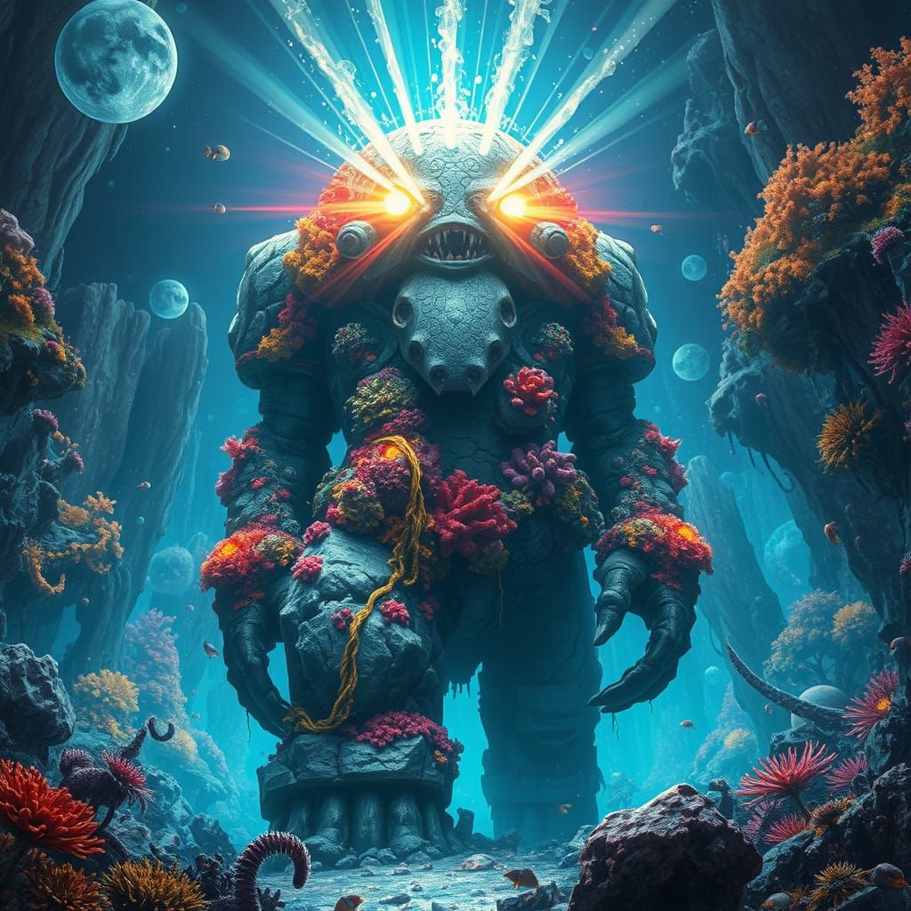 Underwater Stone Golem in Bioluminescent Alien Forest