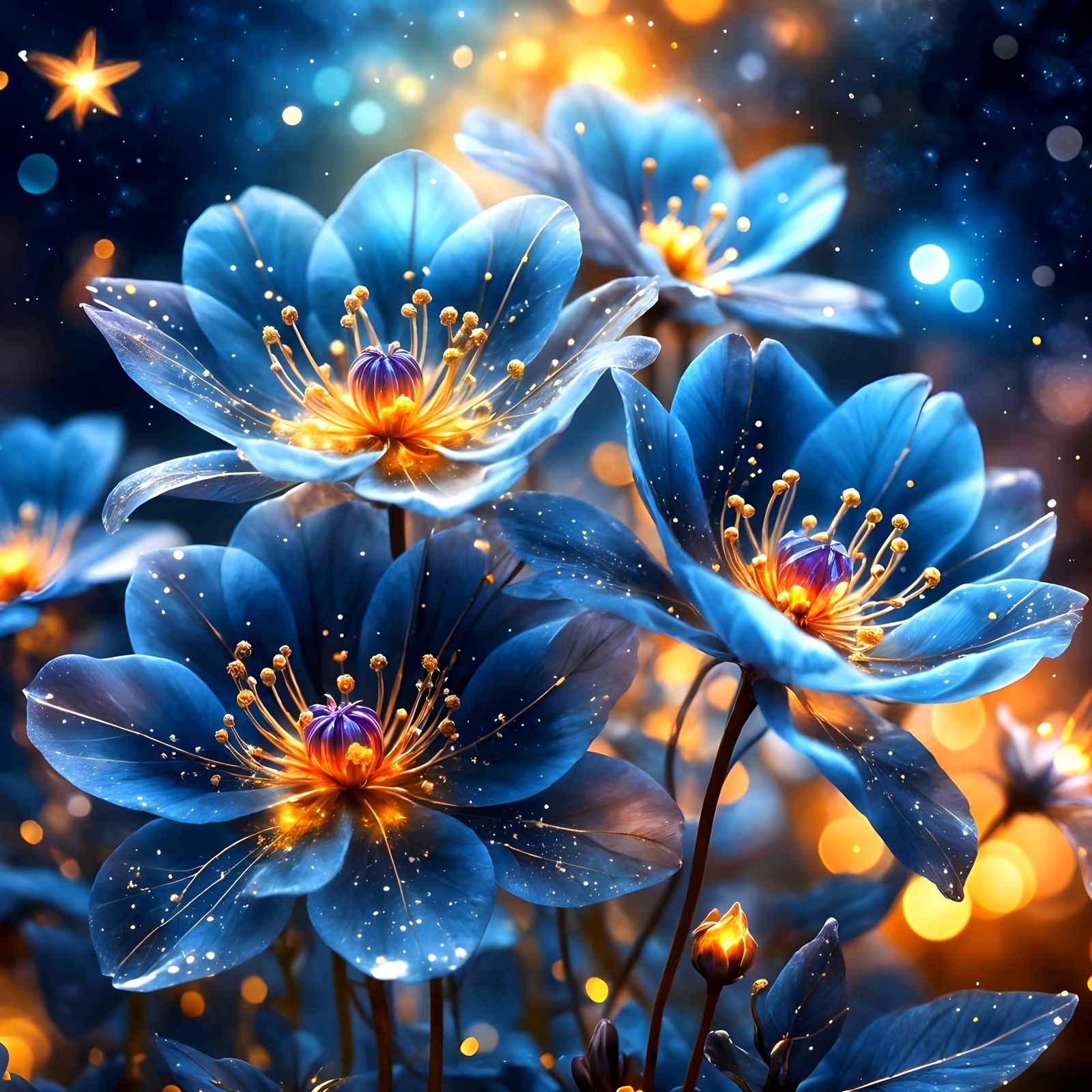 Bioluminescent Glass Flowers in a Forest Mandala