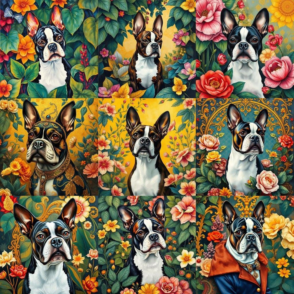 Elegant Boston Terrier in Maximalist Impressionist Style