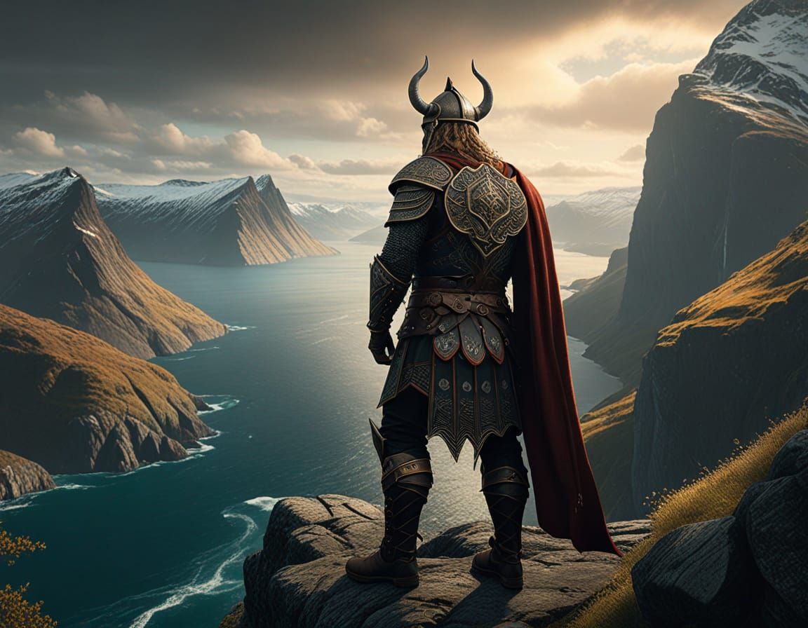 Viking Warrior Overlooking Fjord as Digital Painting