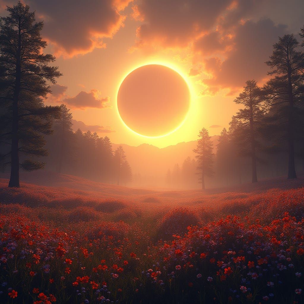 Tranquil Valley Under Solar Eclipse Digital Painting