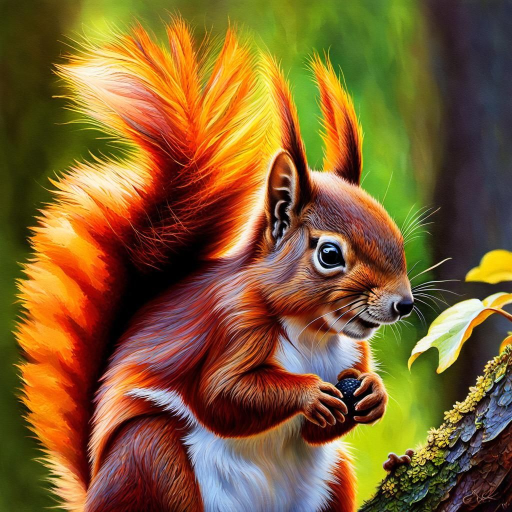Red Squirrel Portrait in Oil Painting Style