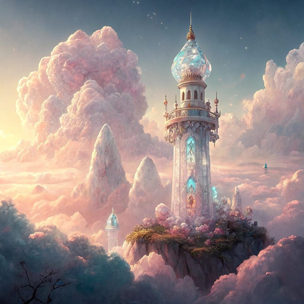 Crystal Tower Among Clouds in Surreal Style