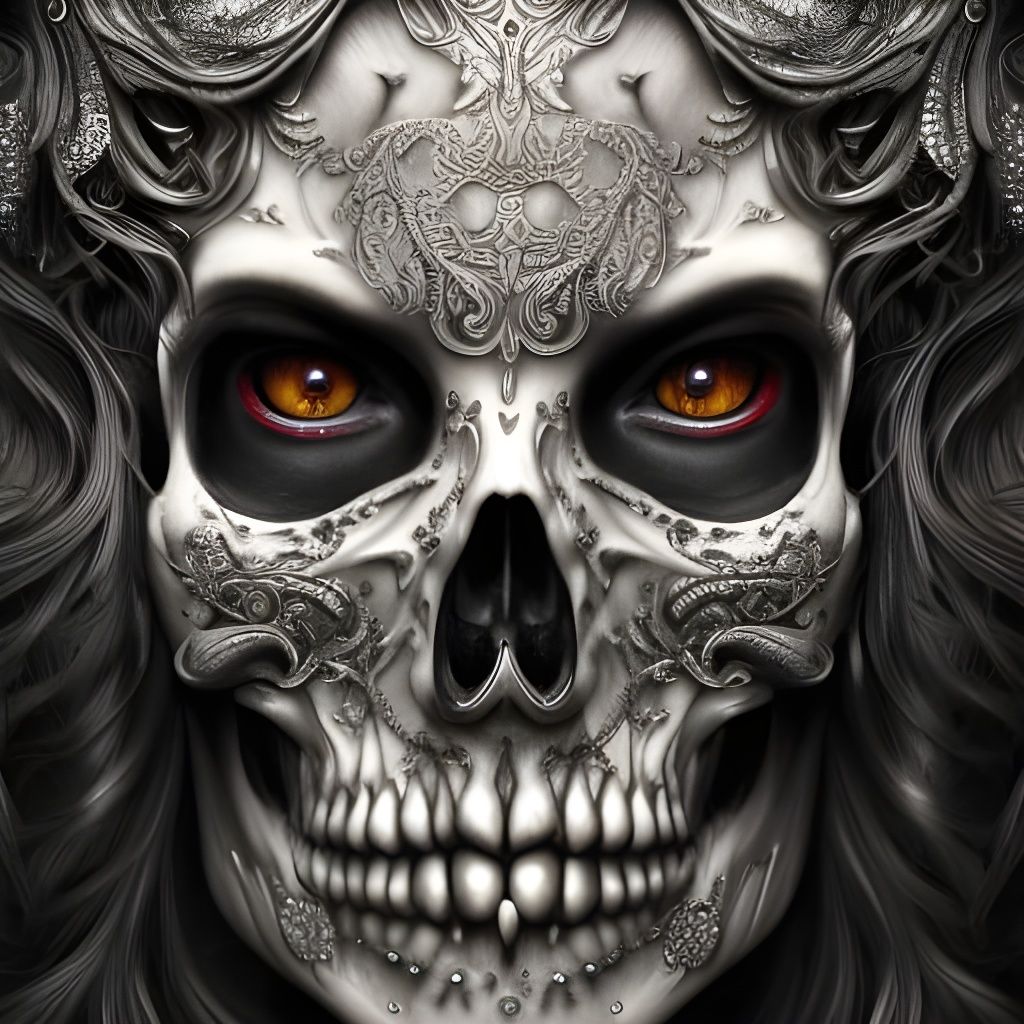 Creepy Black Skull with Filigree in Watercolor Style