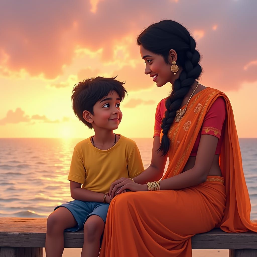 Mother and Son at Sunset, Digital Art