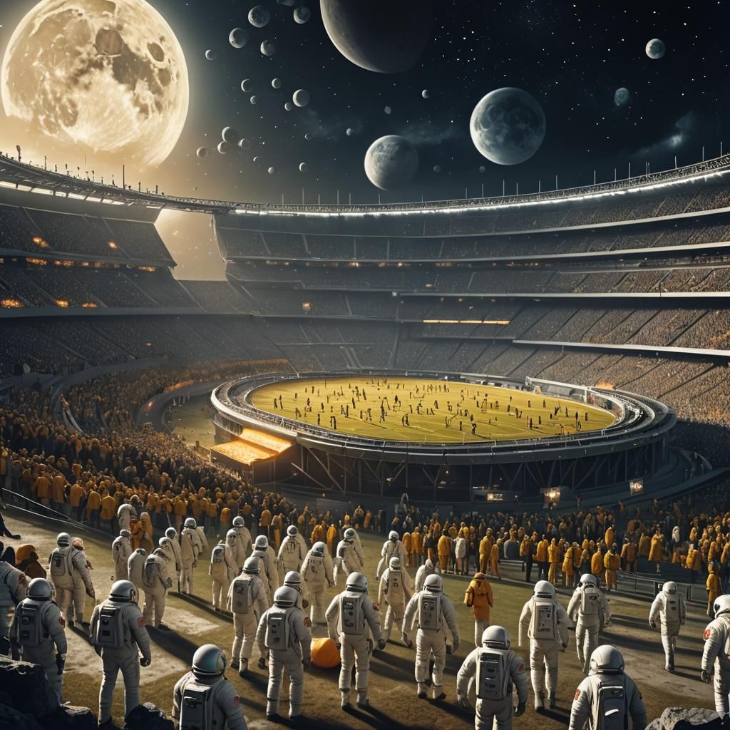 Cheese Football Stadium on Moon Watched by Astronauts