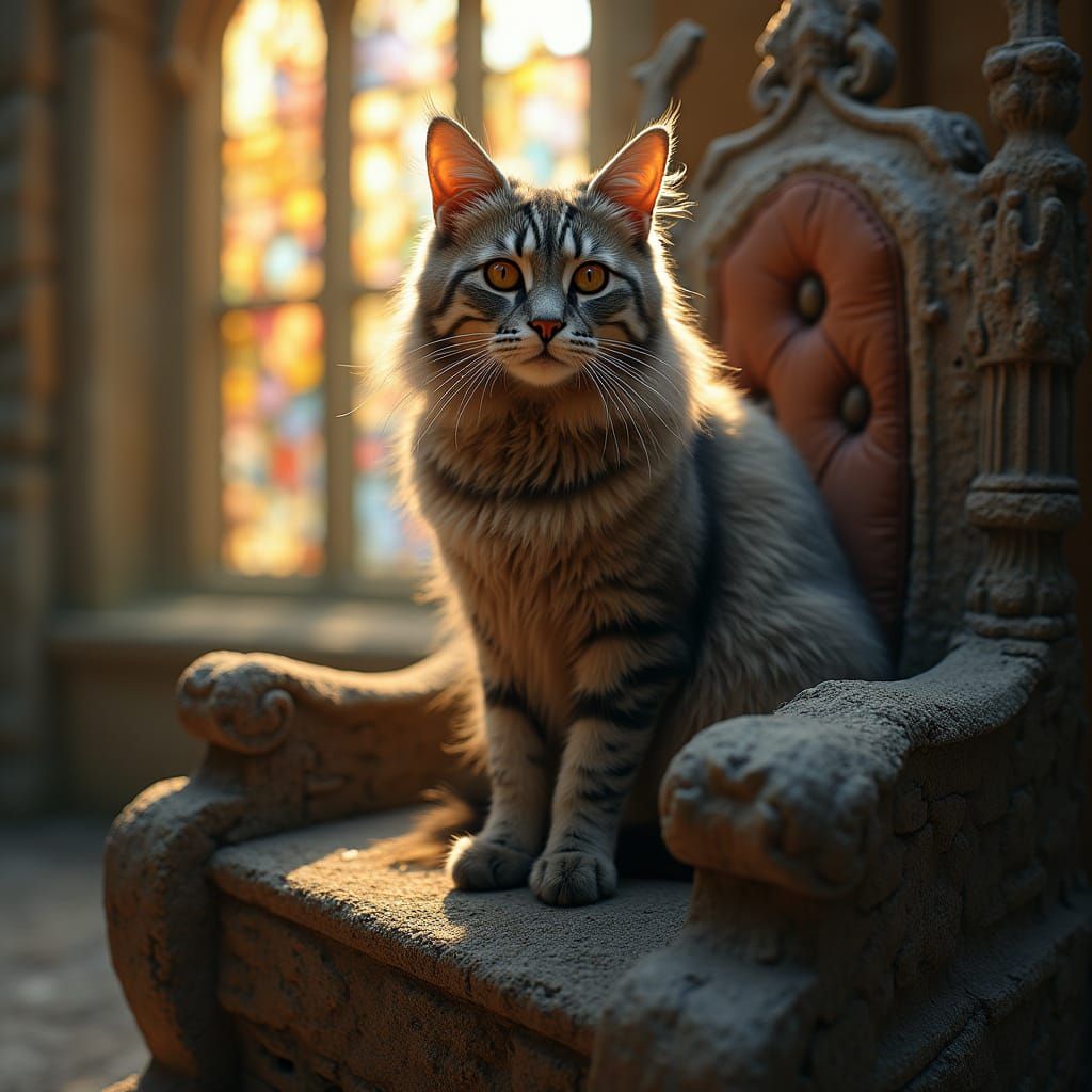 Majestic Maine Coon Cat on Throne in Castle