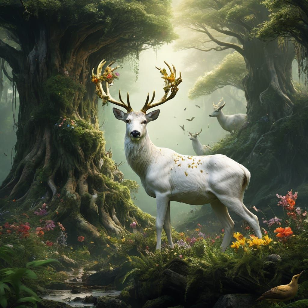 White Deer Reigns Over a Nature-Consumed World