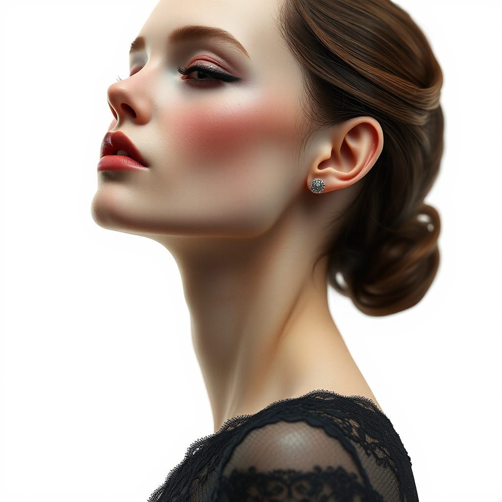 Elegant Model in Gentle Profile, Tiny Earring, White Backgro...