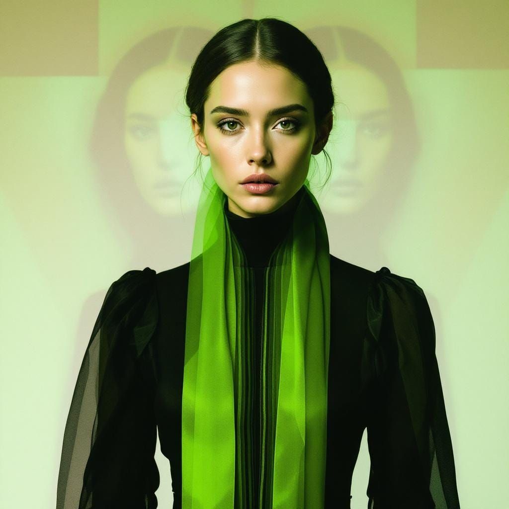 Woman with Green Ribbon in Kandinsky-Frankenthaler Style