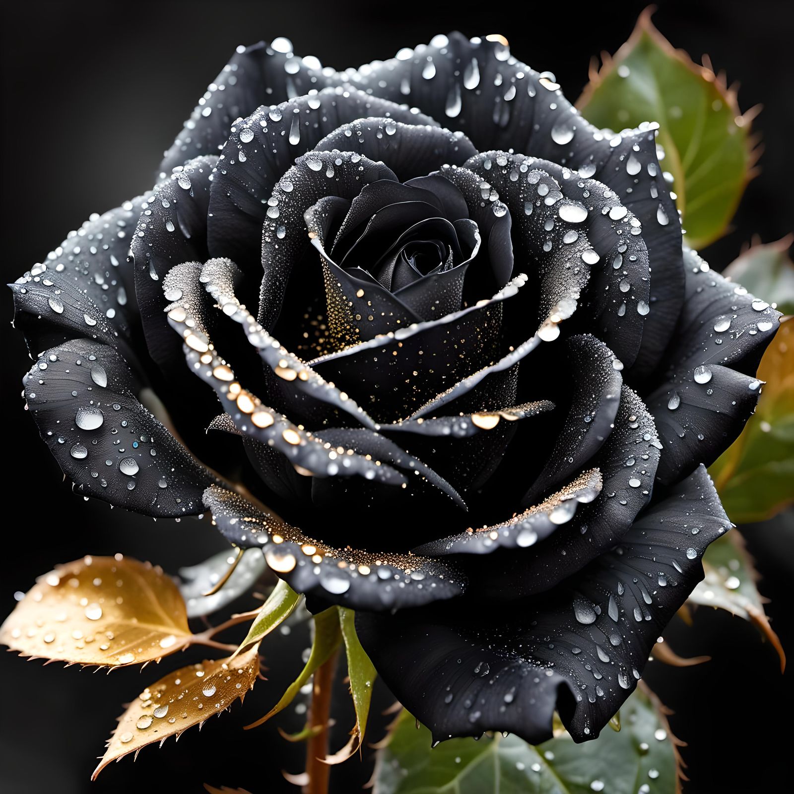 Photorealistic Black Rose with Golden Filigree
