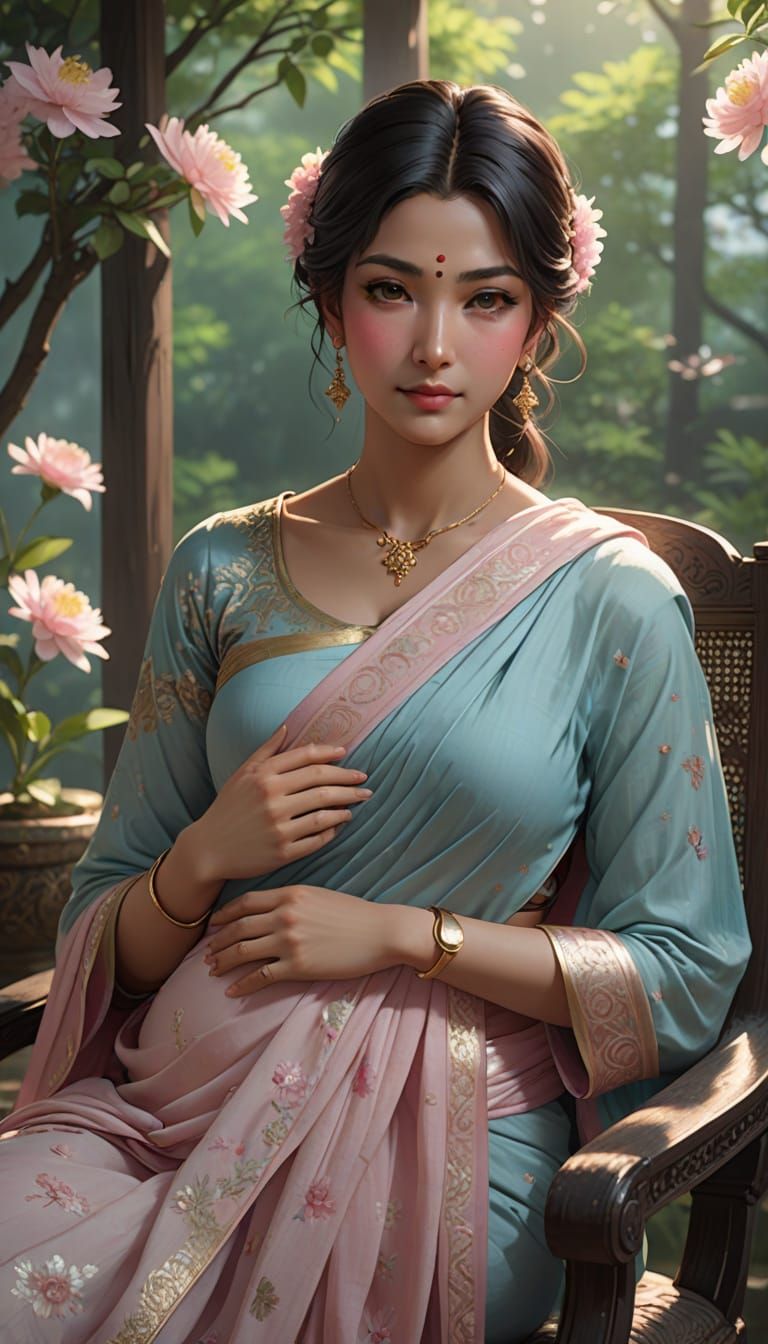 Serene Man Observes Pregnant Woman in Whimsical 3D Anime Art