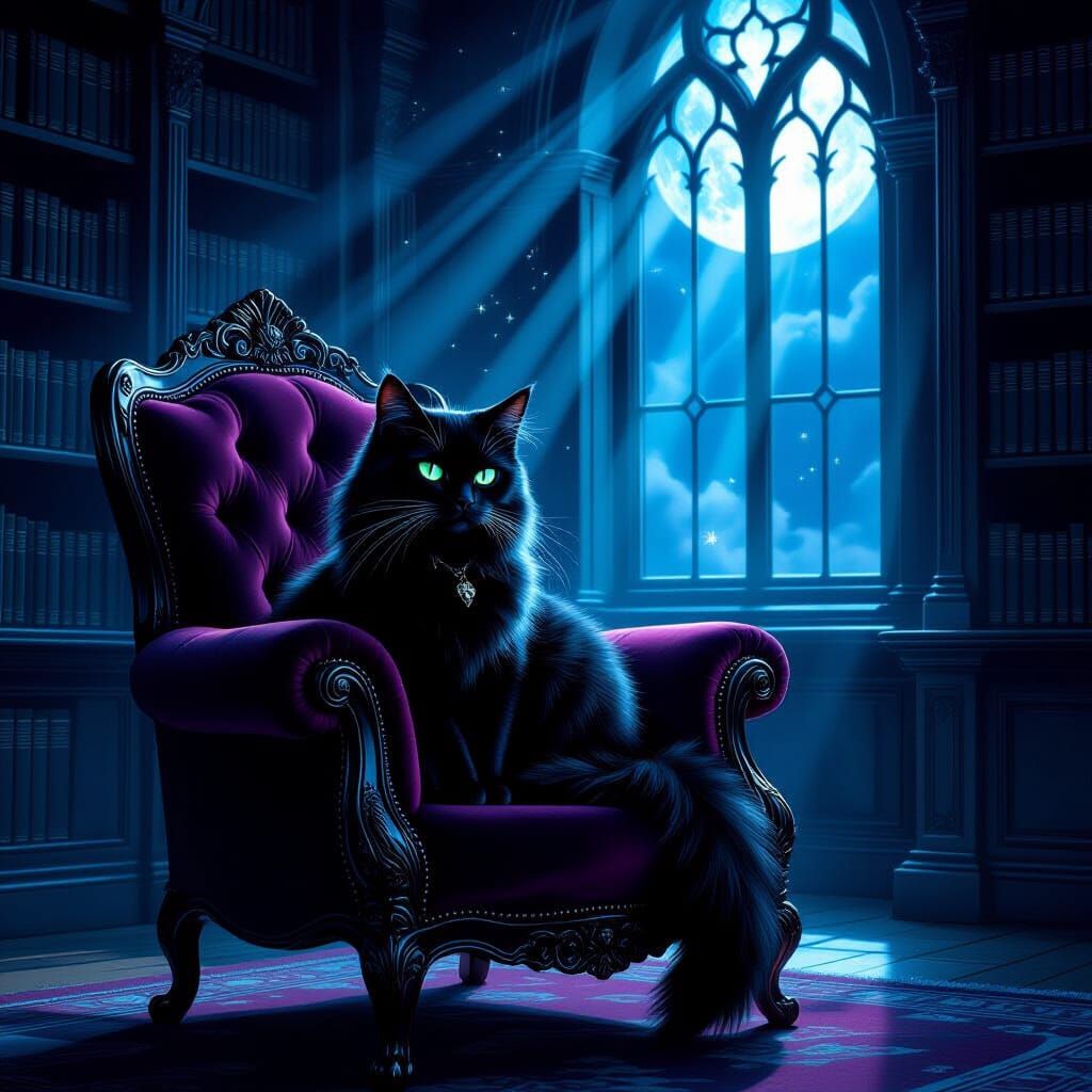 Majestic Cat on Velvet Armchair in Gothic Library