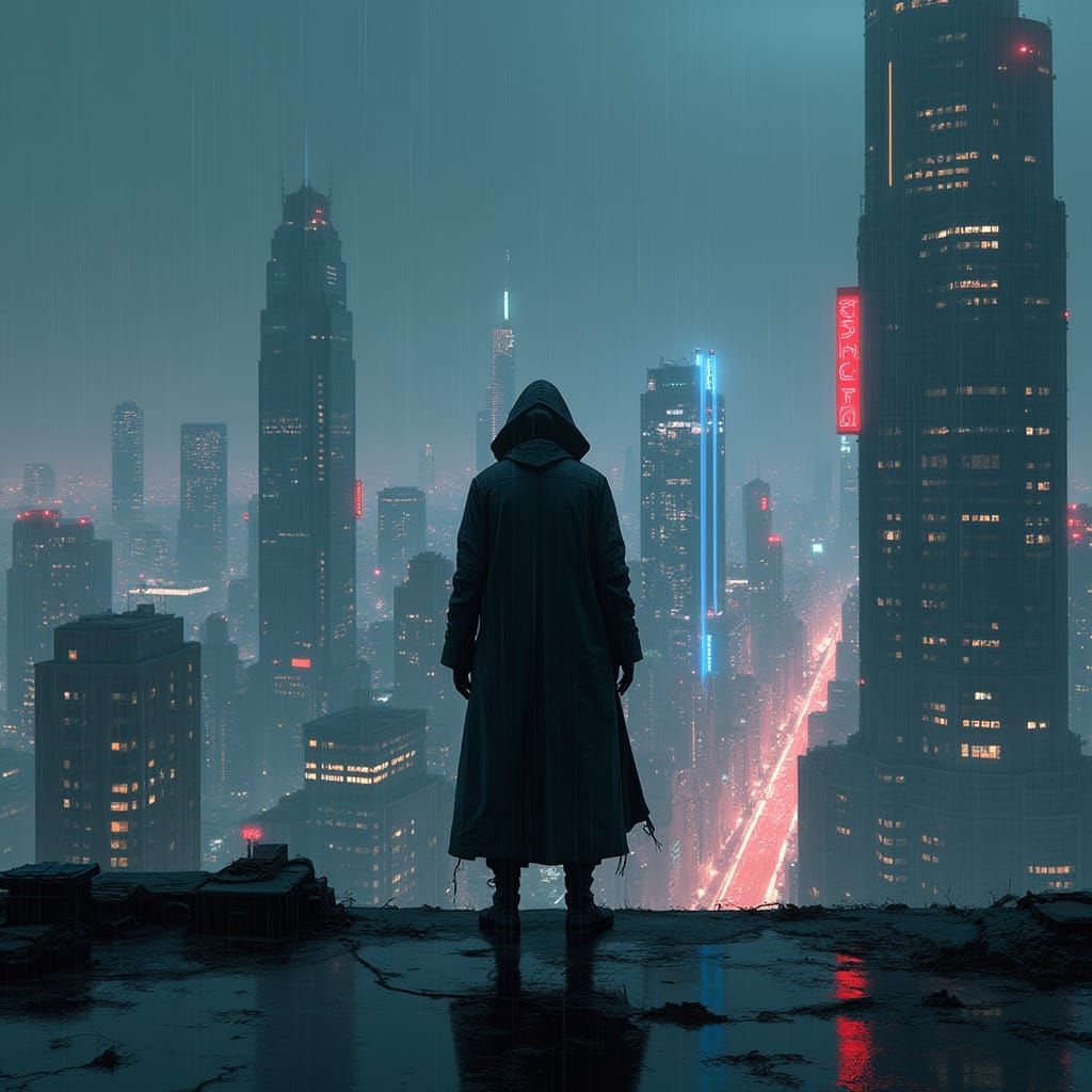 Cyberpunk Rooftop View in Gritty, Neon-Lit Metropolis