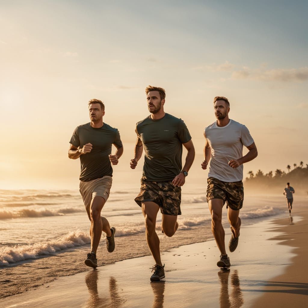 Vibrant Young Men Jogging Together on a Beach at Golden Hour