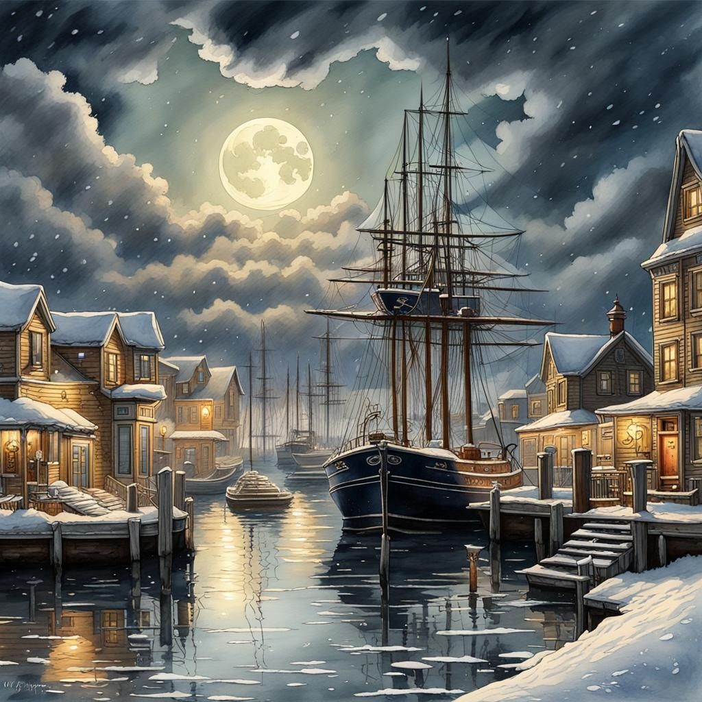 Victorian Harbor in Winter Watercolor Painting