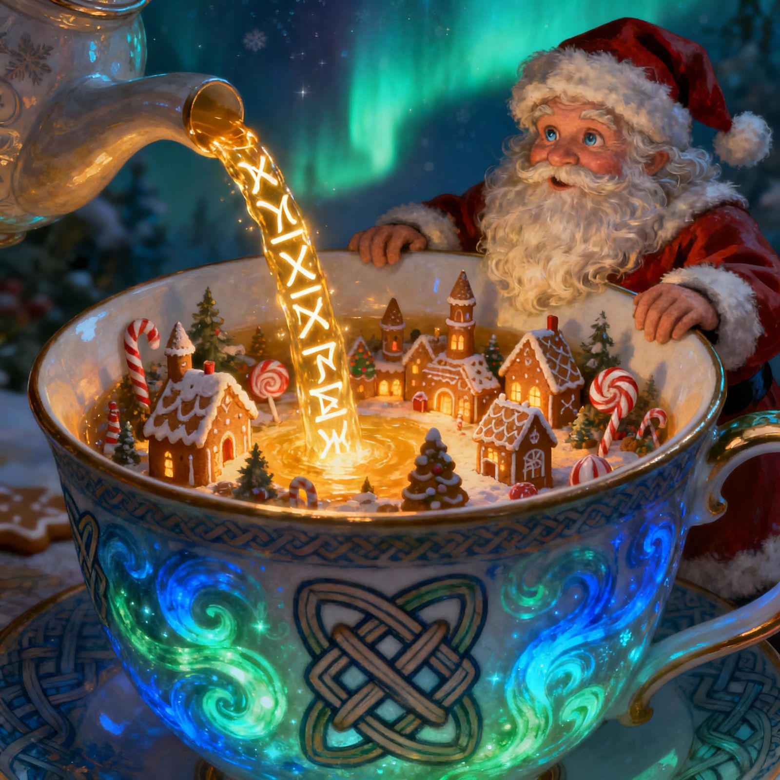 Santa Claus and Nordic Teacup Kingdom in Fantasy Art Style