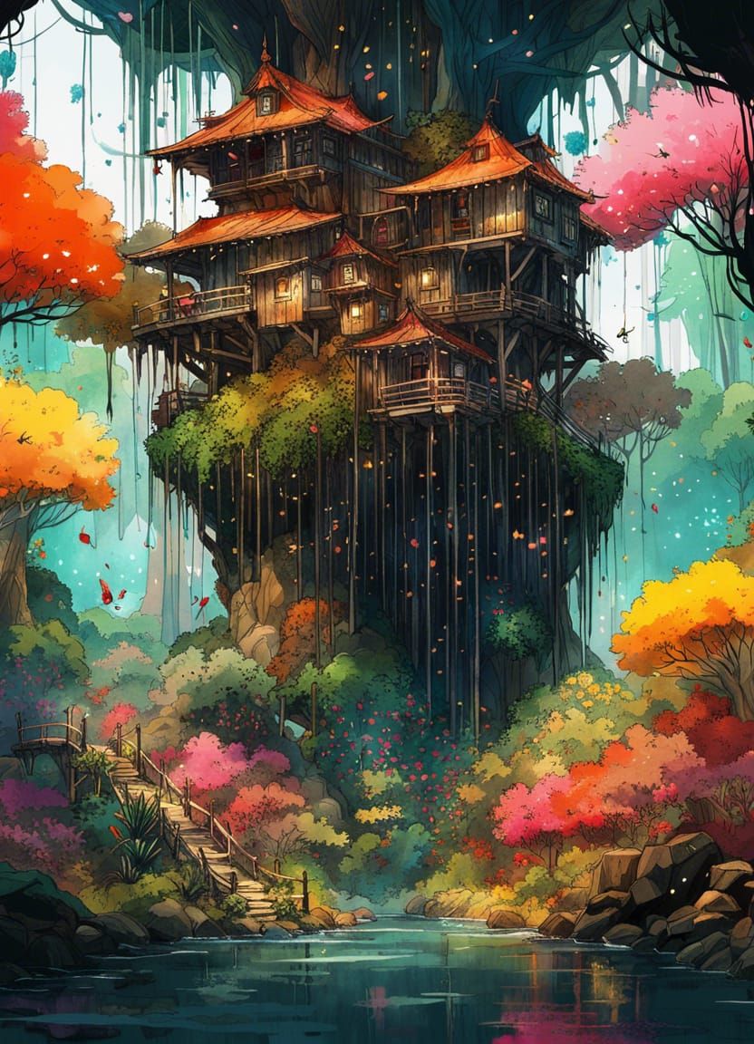 Anime Treehouse Palace in Waterfall Jungle