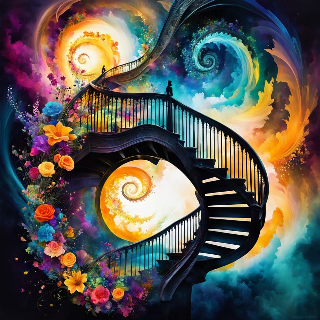 Dreamy Double Exposure of a Spiralling Staircase Blending in...