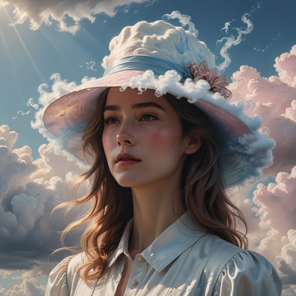 Hyperrealistic Portrait of Woman with Cloud Hat