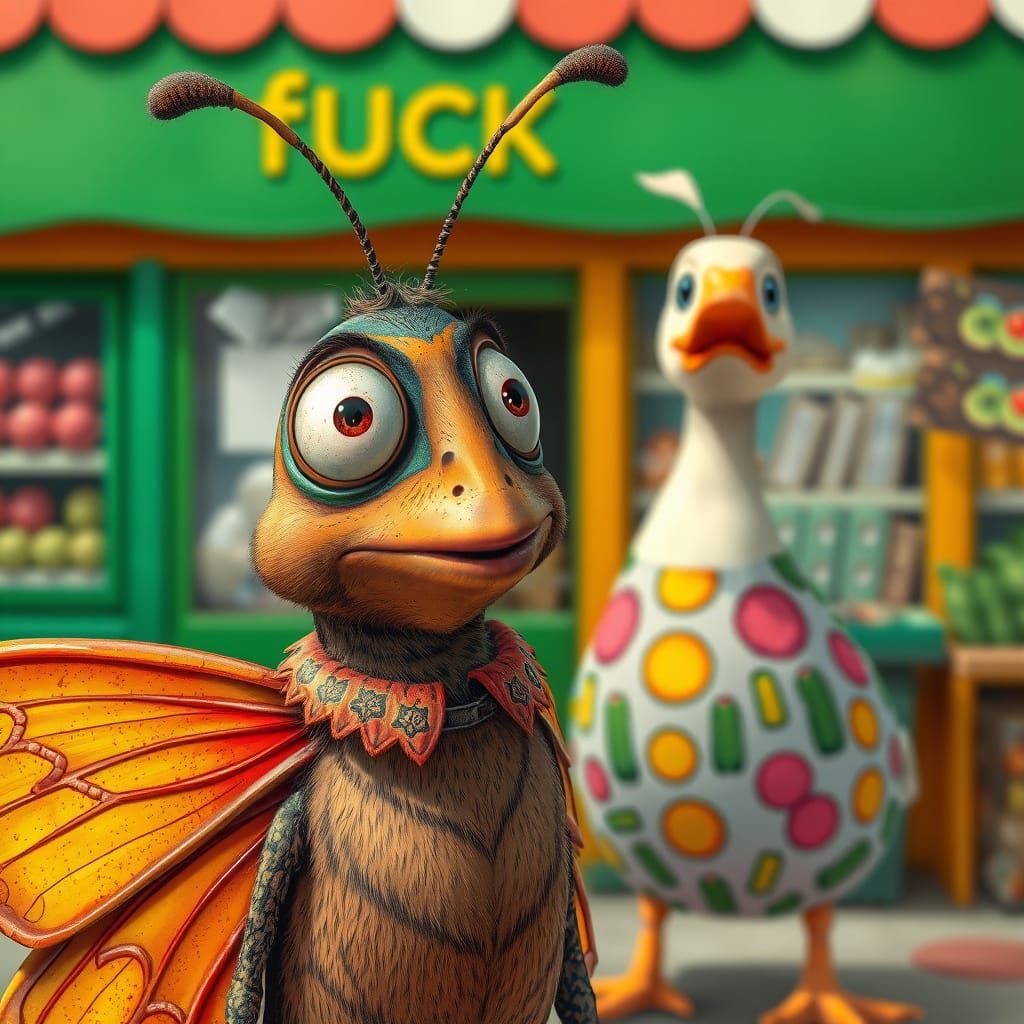 Confused Butterfly Meets Duck in Grocer's Dress