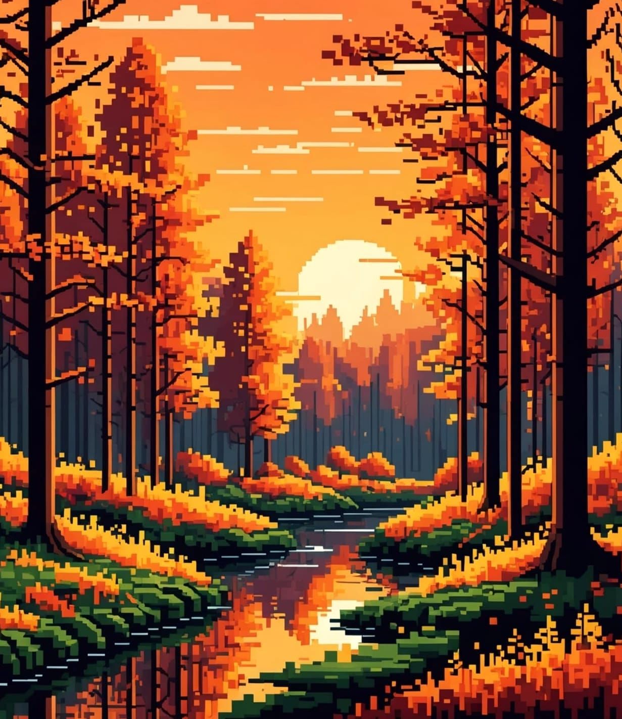 Pixel Art Autumn Forest at Sunset