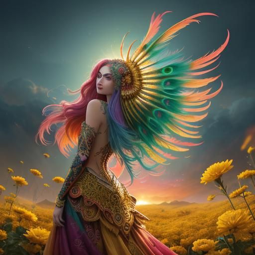 Dragon Peacock Woman in Kaleidoscopic Hues