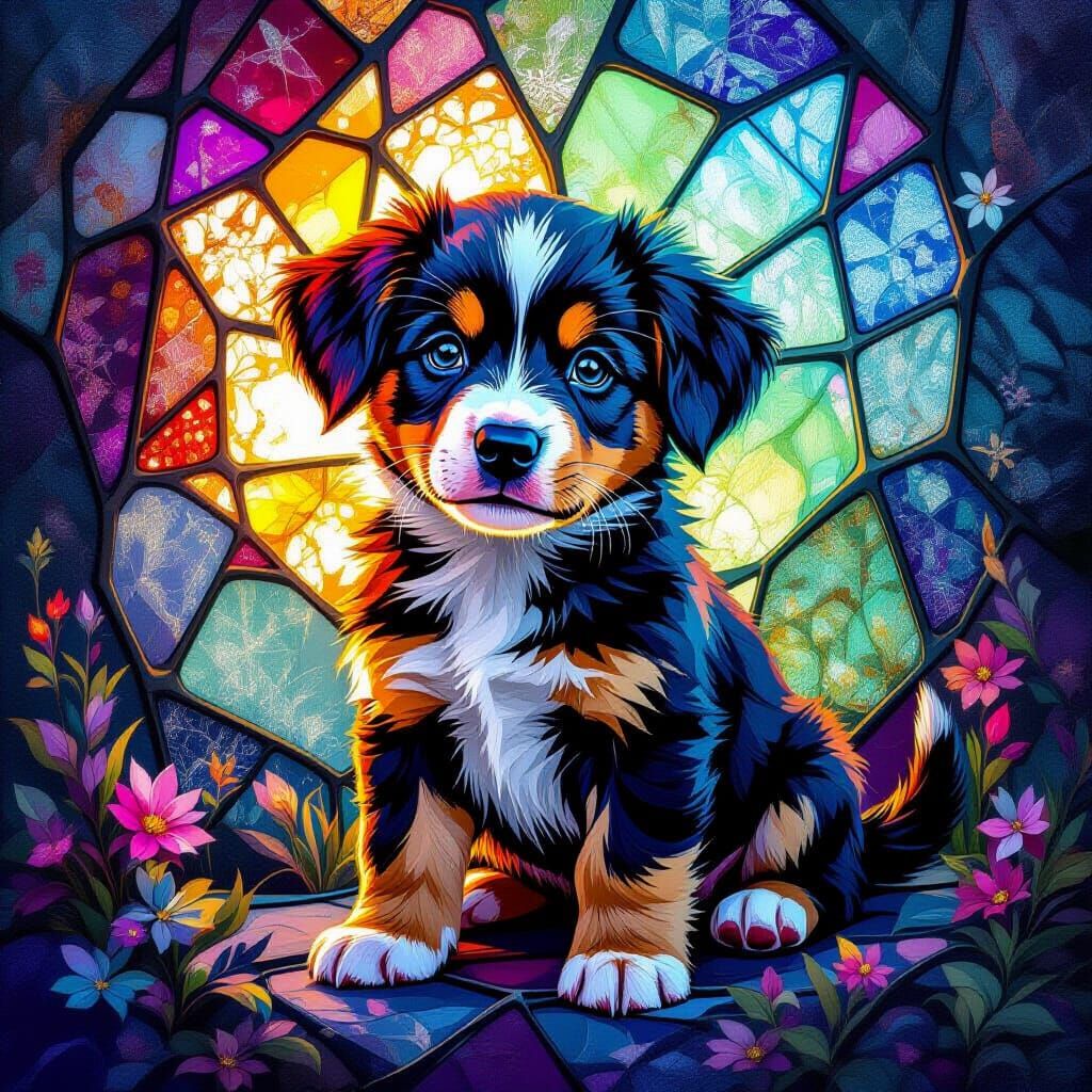 Luminous Stained Glass Puppy in a Dreamscape