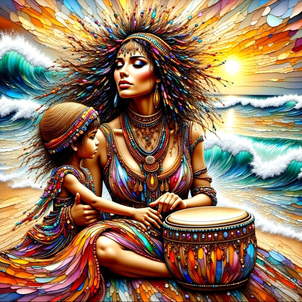 Stylish Woman Plays Bongos on Beach with Curly-Haired Boy