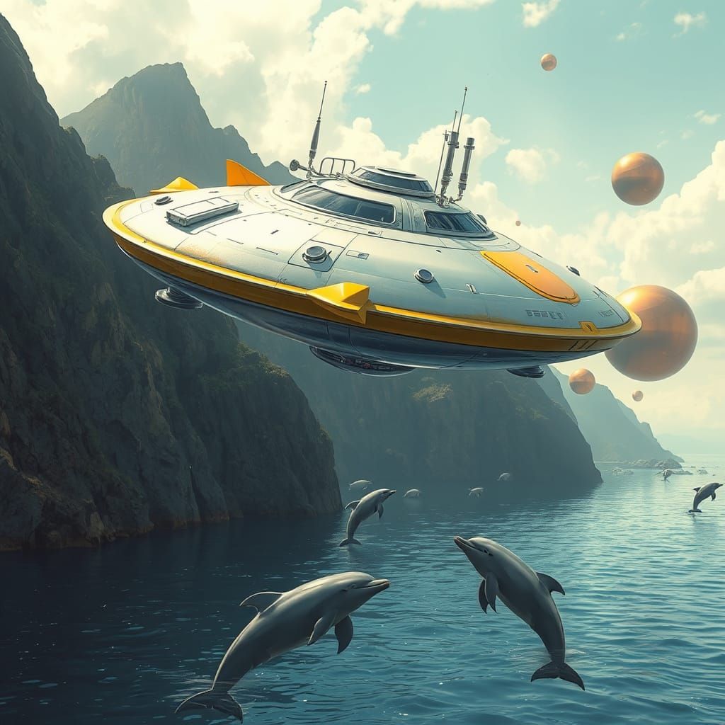 Flying Saucer Over Mountainous Seashore, Retro-Futuristic St...