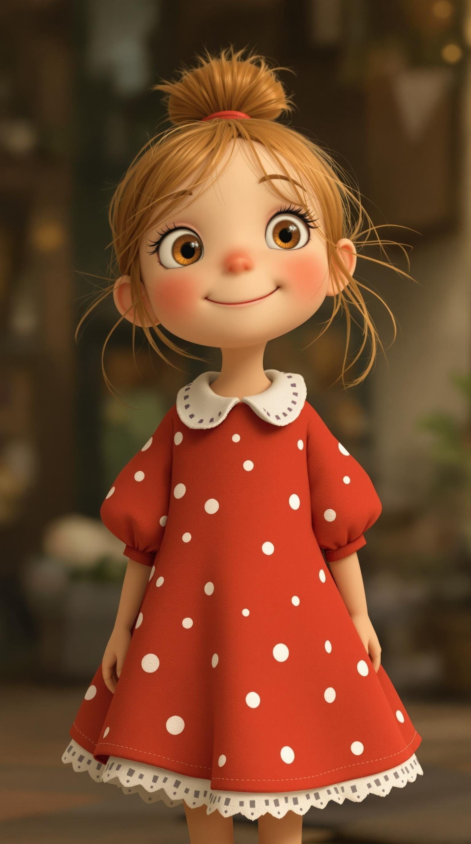 Whimsical Girl in Red Dress with White Polka Dots