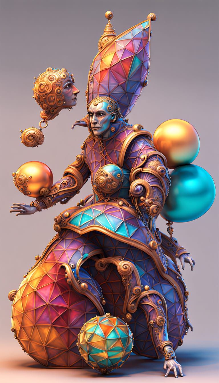 Vibrant Jester in Geometric Motley with Dodecahedral Balloon