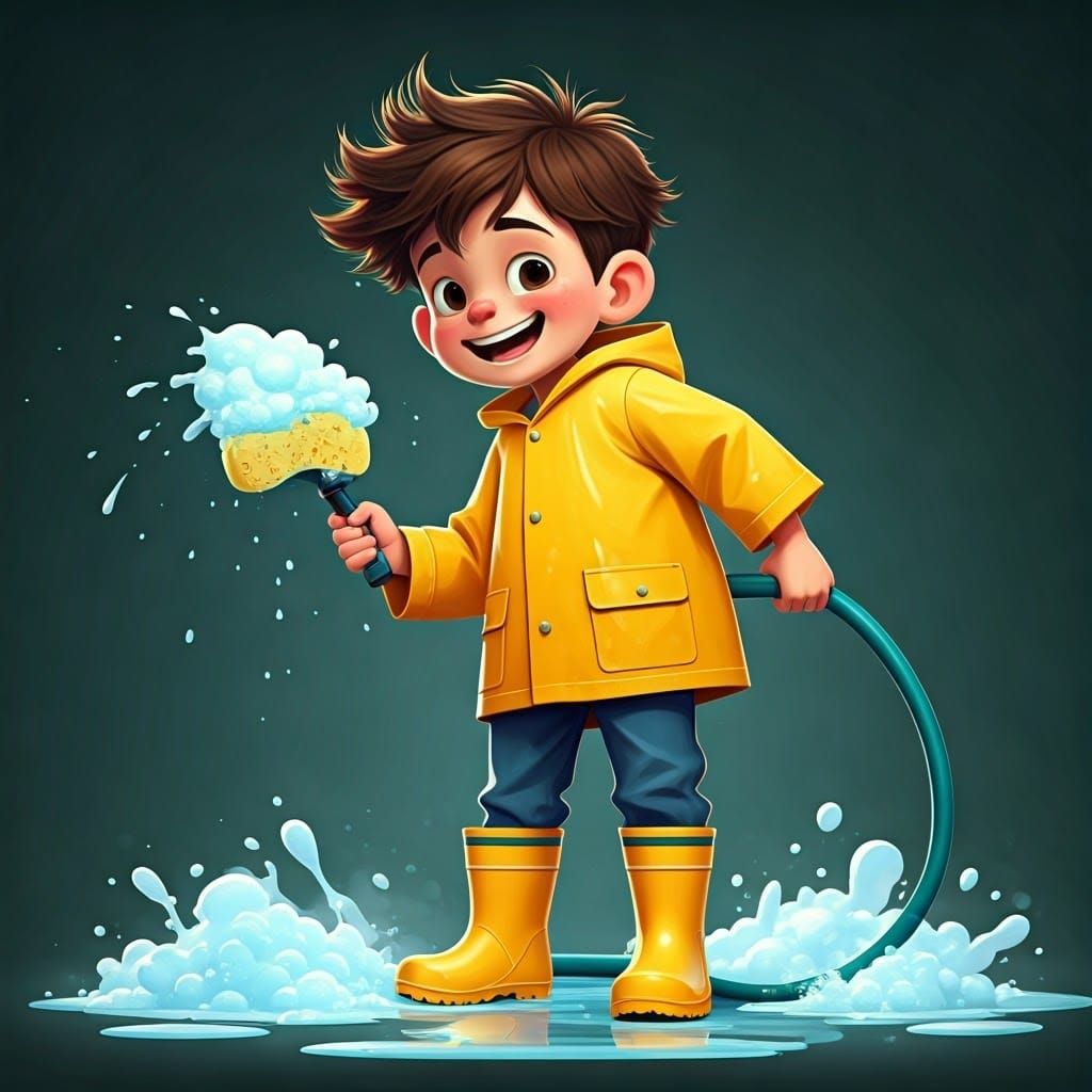 Whimsical 3D Boy Washes House with Enthusiasm